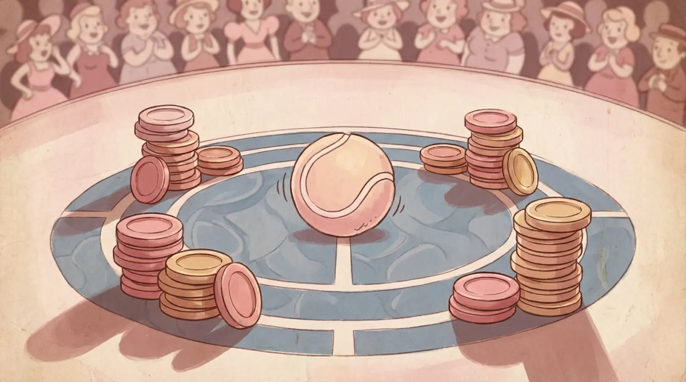 Tennis ball surrounded by betting chips on blue court surface