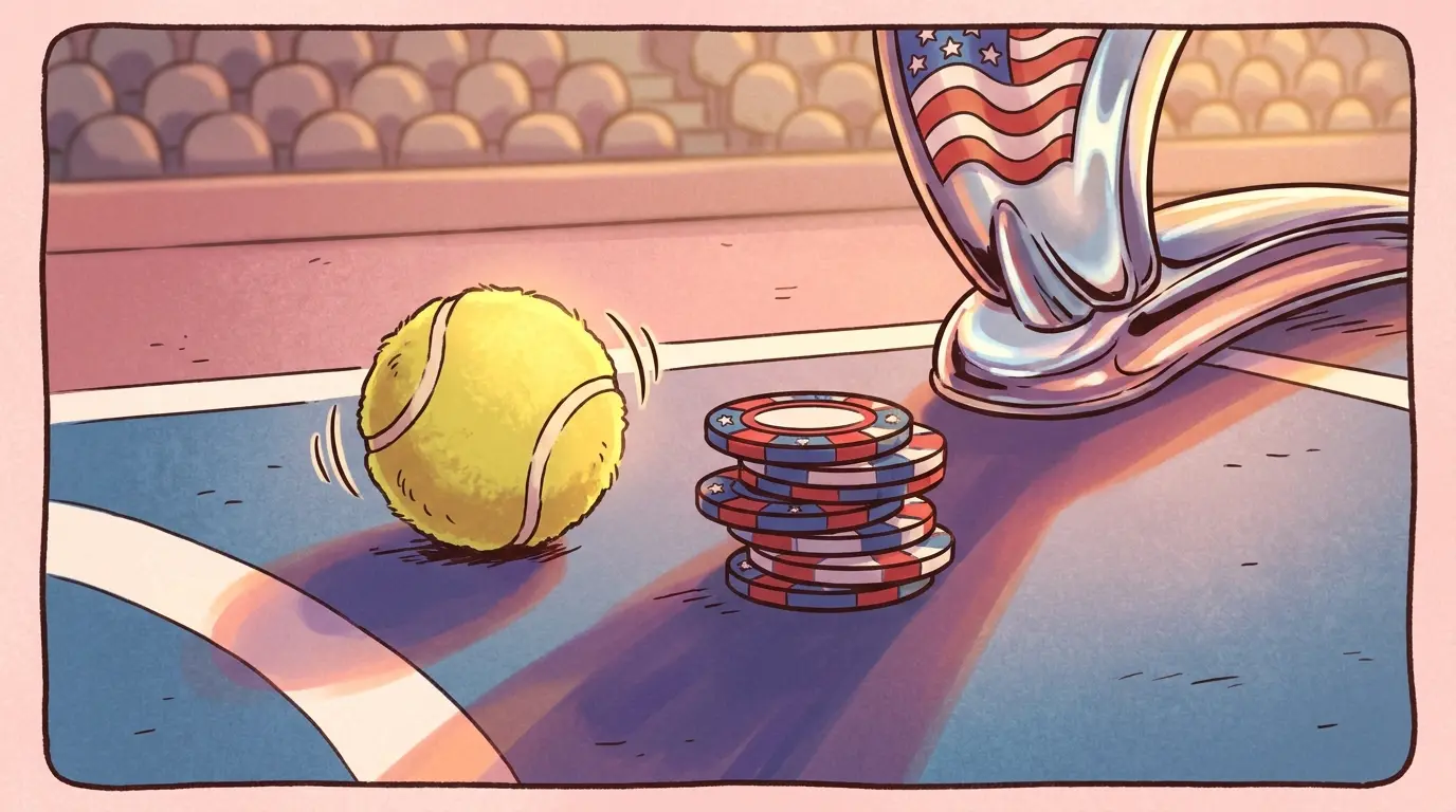 Tennis ball and casino chips on blue court with American colors