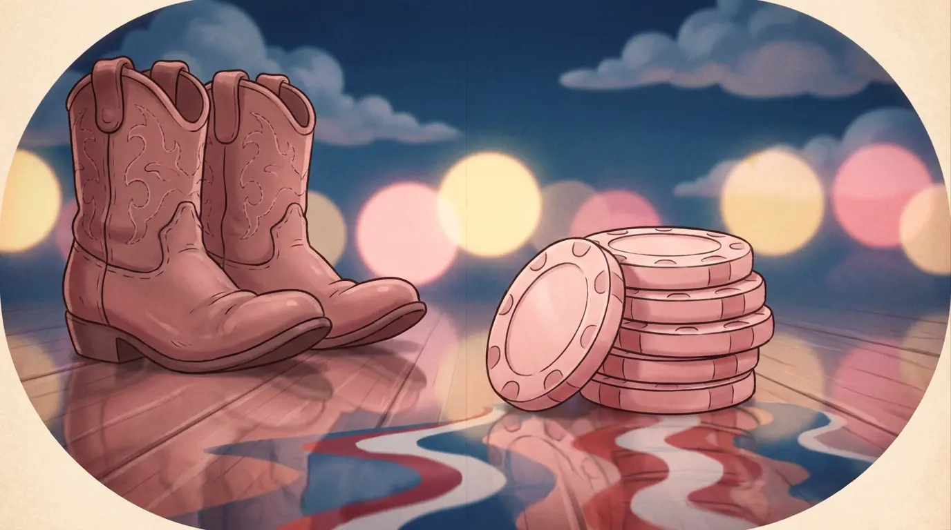 Casino chips and cowboy boots with stadium lights background