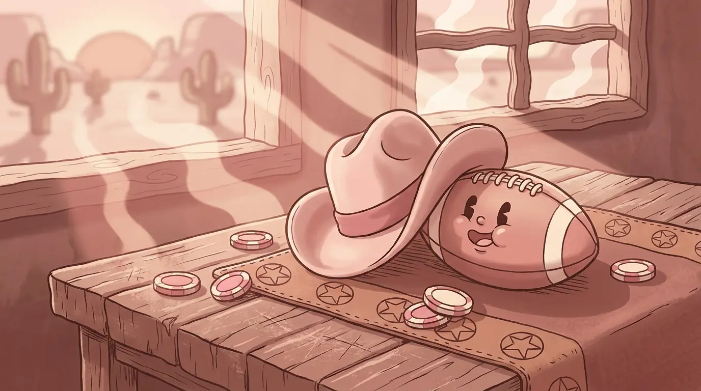 Football and cowboy hat with poker chips on rustic Texas table