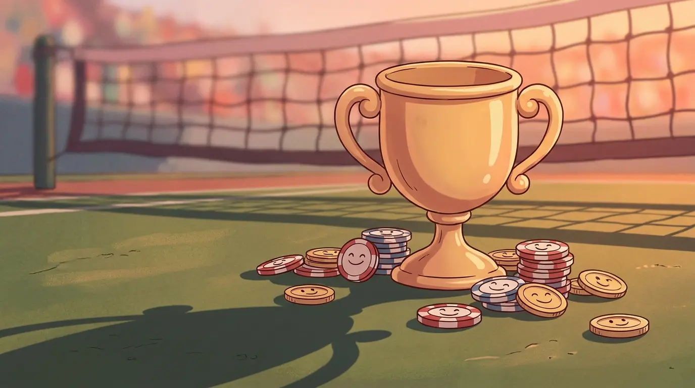 Trophy and gaming chips on tennis court at golden hour
