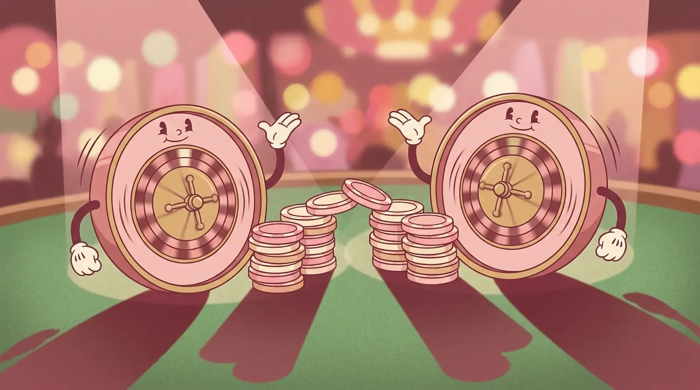 Two roulette wheels with chips positioned strategically between them