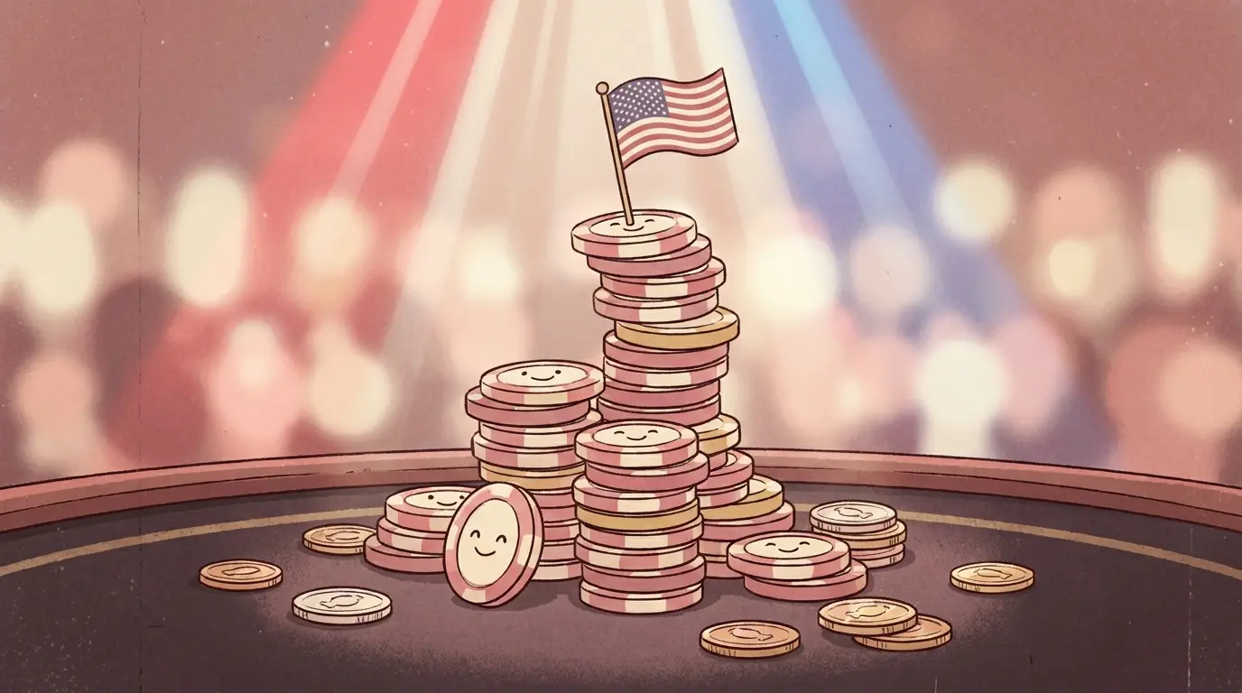Stacked casino chips with American flag on gaming table