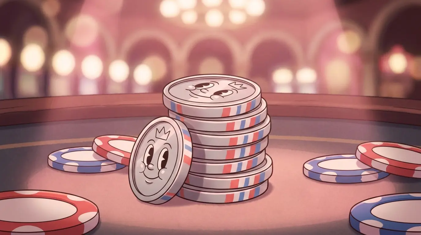 USDC coins and poker chips on casino table with patriotic lighting