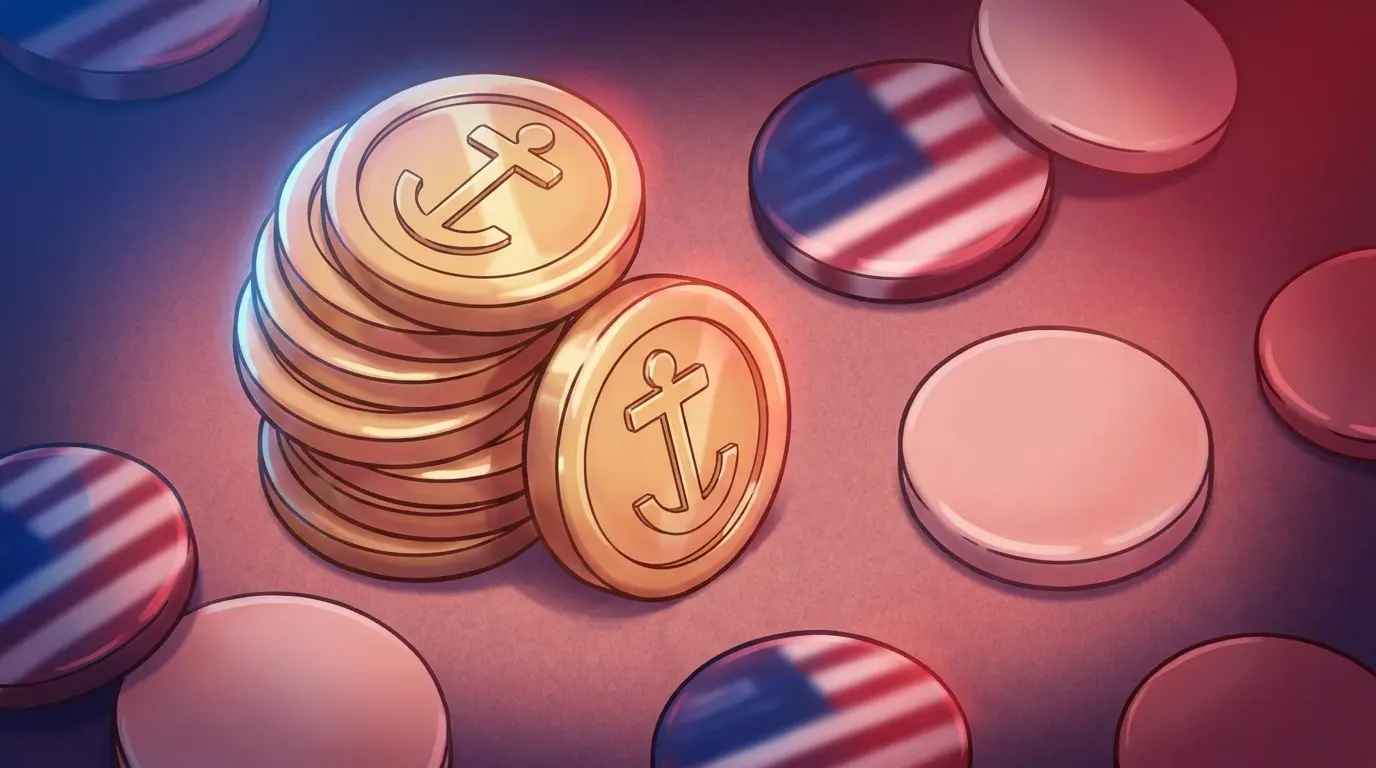 USDT coins and casino chips with American flag color lighting