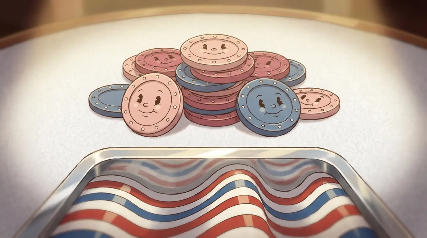 Poker chips in American colors on white casino table surface