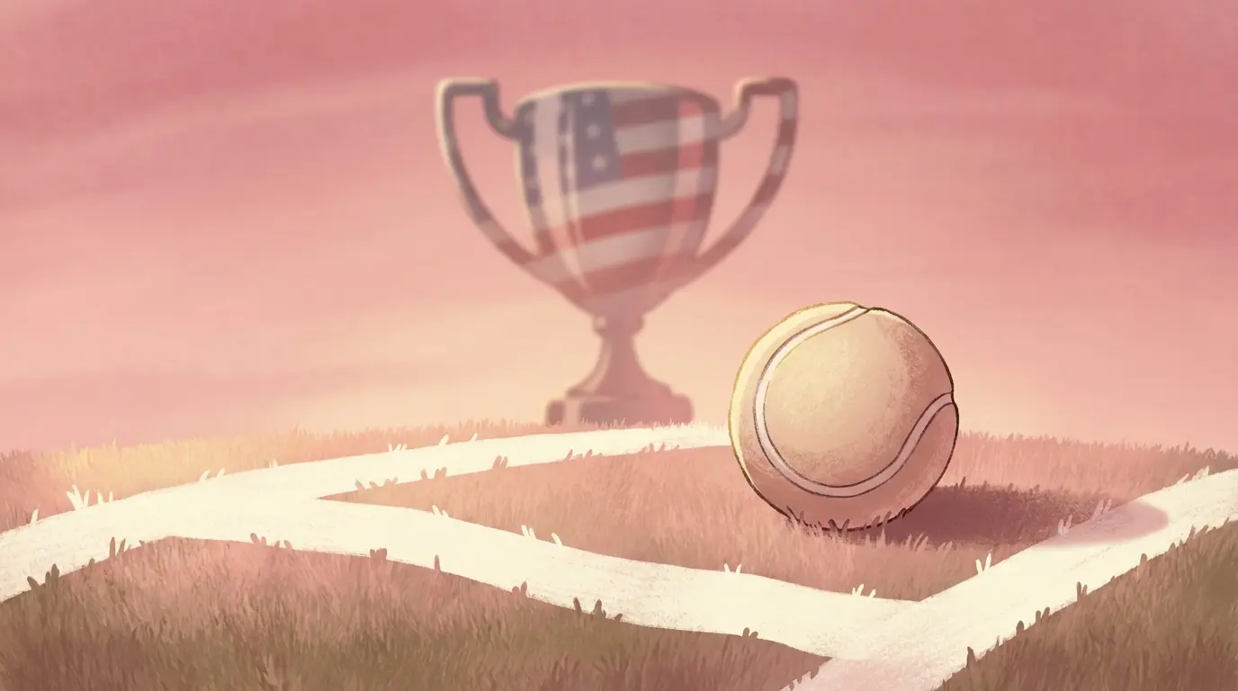 Tennis ball on Wimbledon grass with trophy and American colors