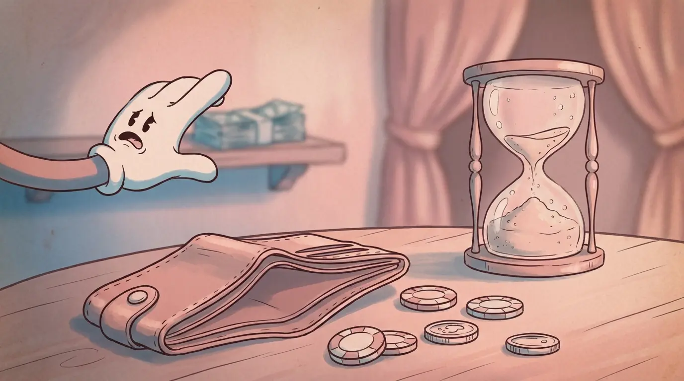 Empty wallet with distant money stack representing withdrawal delays